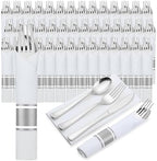 100Pack Pre Rolled Silver Plastic Silverware Sets by PYNTOP