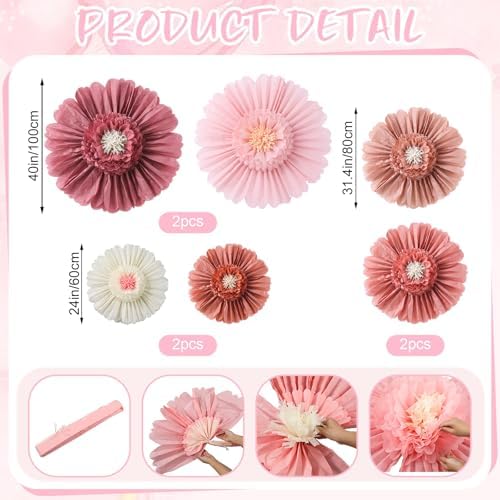 Giegxin 6 Pcs 40'', 31.4", 24" Boho Pink Giant Paper Flowers for Wall - Image 3