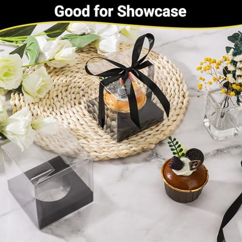 EUSOAR Black Cupcake Containers, 100pcs 3.5 Inch Individual Cupcake Wrappers Cupcake Holder, Single Display Plastic Cupcake Carrier with Ribbon and Inserts for Wedding Birthday Party Favor - Image 5
