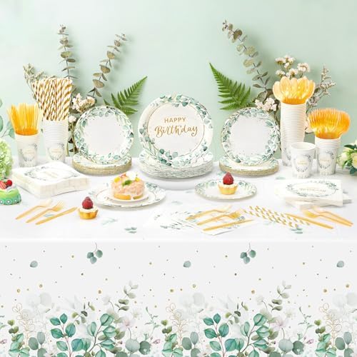 Potchen 452 Pcs Themes Party Supplies Decorations for 50 Guests, Paper Plates Napkins Cups Tablecloth Cutlery Straws for Birthday Baby Shower Party Decorations(Sage Green Gold,Birthday) - Image 4