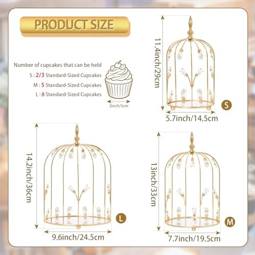 Set of 3 Metal Birdcage Cake Stand Set with Crystal Accents, Elegant Cupcake Holder Display for Wedding, Birthday, Baby Shower, Party Dessert Table Decorations (Gold, Set of 3) - Image 2