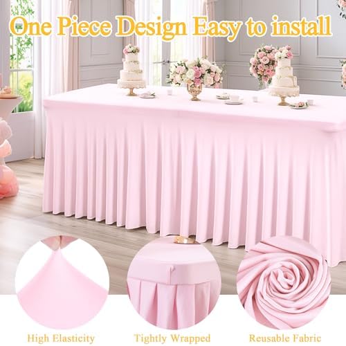 6 Packs Baby Pink Spandex Tableclothes for 8 Foot Rectangle Table, Spandex Table Covers 8FT Stretch Table Skirts Rectangle Wrinkle Free Fitted Table Cover for Event, Wedding, Banquet & Parties - Image 2