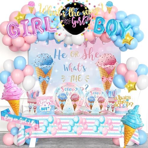 Whats The Scoop Gender Reveal Decorations, Ice Cream Boy or Girl Party Supplies, Pink and Blue Backdrop Banner Balloon Tablecloth Plate Napkin Cup Straw Knife Spoon Fork Sash 230 PCs by Fiesec
