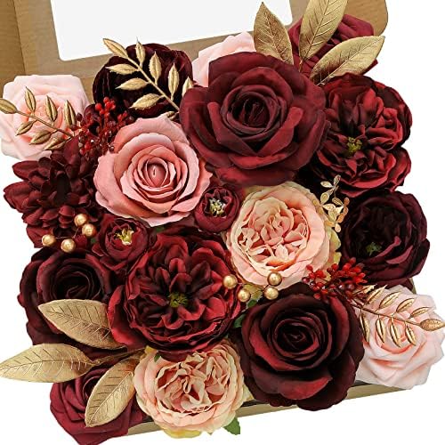 Serwalin Burgundy Pink Artificial Flowers, Fake Silk Flowers for Wedding by Serwalin