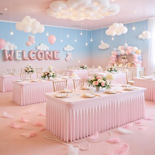 Baby Pink Table Cloth for 8 Foot Rectangle Tables Fitted Stretch Spandex Table Cover with Skirt 8ft Baby Shower Birthday Party Banquet Ruffle Tablecloth Wedding Table Cloths Desk Skirt, 2 Pack - Image 3
