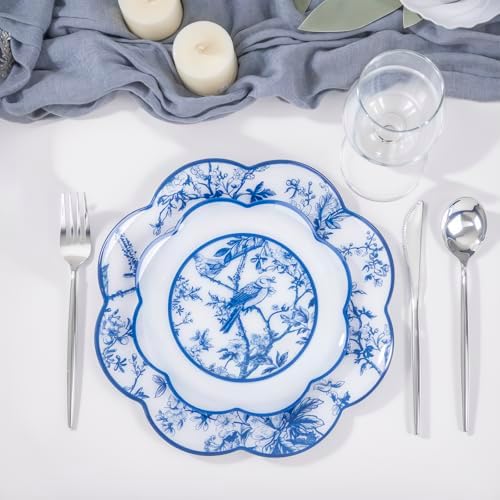 LIYH 60 Pcs Blue Plastic Plates Set - Heavy Duty Floral and White Plastic Plates for Party Wedding Elegant Plate Bridal Shower Floral Dinnerware Set - 10.25" Dinner & 7.5" Dessert Plate - Image 3