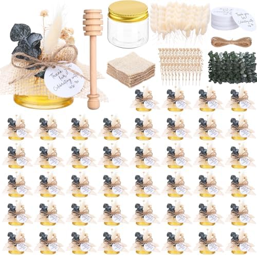 60 Set 1.5 oz Mini Plastic Honey Jars Small Honey Jars Party Favors in Bulk with Gold Lids Wood Bee Dipper Thank You Card Burlap Fabric Twine String Natural Plant for Baby Shower Wedding Gift by Afarnook