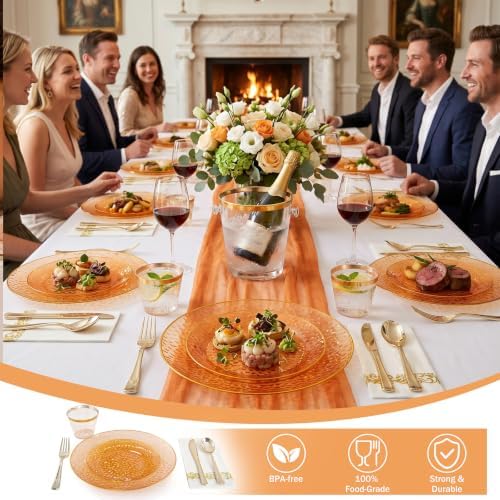 DaYammi 175PCS Clear Orange Plastic Dinnerware Set for 25 Guests - Image 3