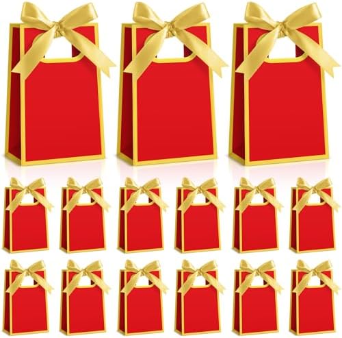 AmazingSpark 50 Pcs Red Gold Mini Gift Bags Bulk 6.3 x 3.9 x 2.8 Inch Party Favors Elegant Small Gift Bags with Handles and Ribbon Bows for Wedding Birthday Bridal Baby Shower Party Favors by Unknown