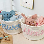 Personalized Cute Small Woven Basket with Handles, Custom Cotton Rope Room Shelf Storage Basket, Empty Decorative Gift Basket, Decorative Round Bin for Nursery Bedroom Bathroom (Style E) - Image 3