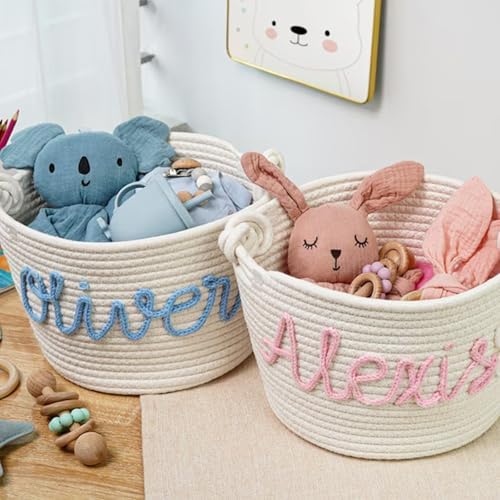 Personalized Cute Small Woven Basket with Handles, Custom Cotton Rope Room Shelf Storage Basket, Empty Decorative Gift Basket, Decorative Round Bin for Nursery Bedroom Bathroom (Style E) - Image 3