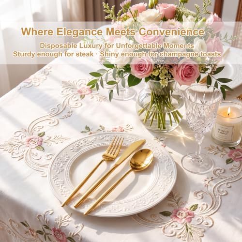 Rubtlamp 180Pcs Gold Plastic Silverware,Luxury Gold Plastic Cutlery,Heavy duty Golden Disposable Flatware, Utensils Set Disposable Include 60Gold Forks,60Gold Spoons,60Plastic Knives for Party,Wedding - Image 3