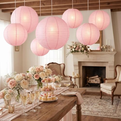 Pink Paper Lanterns Round Paper Lanterns Decorative Ball Lanterns Lamps for Weddings, Birthdays, Parties and Events 16-Inch 5 Packs (Light Pink) - Image 3