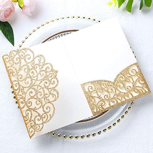 ponatia 5.12 x 7.2 Laser Cut Invitation Pocket, 20PCS Tri-Fold 5 x 7 Laser Cut Wedding Invitation Pockets with Envelopes for Wedding Bbay Shower Birthday Invite (Gold Glitter, No Inner Sheet) - Image 4