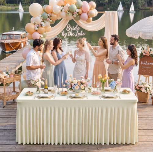 Beige Table Cloth for 6 Foot Rectangle Tables Fitted Stretch Spandex Table Cover with Skirt 6ft Baby Shower Birthday Party Banquet Ruffle Beige Tablecloth Wedding Table Cloths Desk Skirt, 4 Pack - Image 5
