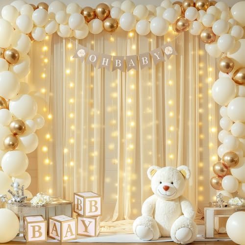 20x10ft Champagne Tulle Backdrop Curtains with Lights String for Parties,Wrinkle Free Sheer Curtain with Lights Wedding Photo Backdop Drapes for Baby Shower Birthday Party Photography Home Decorations - Image 5