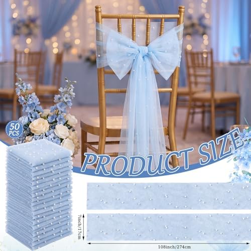 VitalCozy 50 Pack Blue Pearls Vintage Chair Sashes with Bows Wedding Decor - Image 2