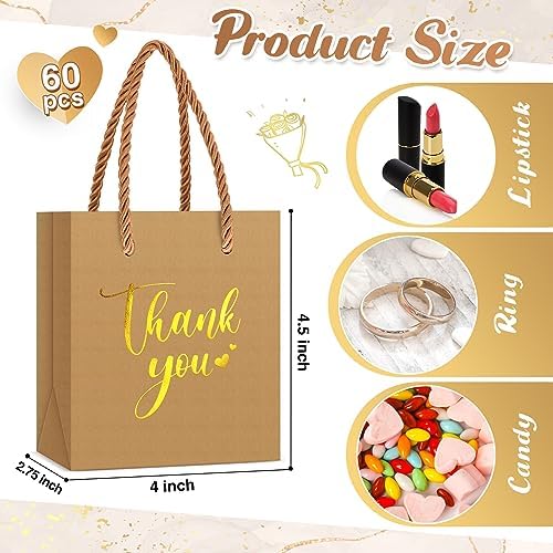 Honoson 60 Pcs Mini Thank You Gift Bag with Handle Bulk,Brown - Image 3