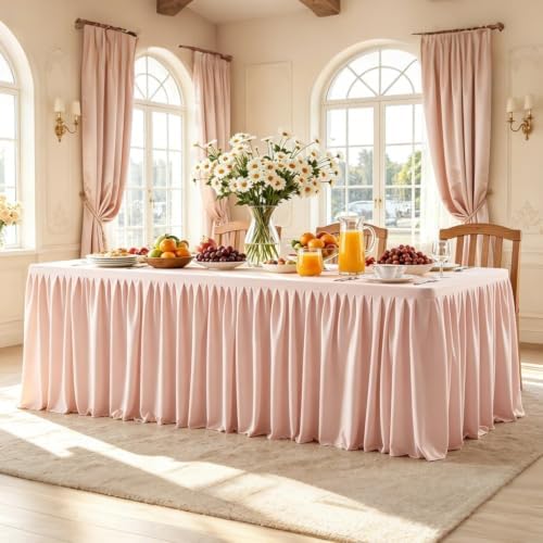 Pale Pink Tablecloth Rectangle Tables 8FT, Polyester Wrinkle Free Stretch Table Cloth 6ft Fitted Table Cover with Pleated Ruffle Skirt for Weddings Birthday Banquet Baby Shower - Image 4