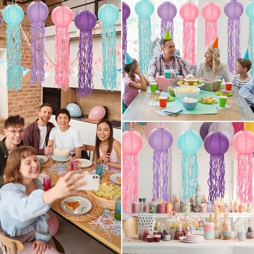11" Blue Hanging Jellyfish Paper Lanterns Decor - Under The Sea Party & Mermaid Birthday Decorations, Baby Shower, Nautical Events, Ocean Birthday Party Decorations & Beach Room Decor (Set of 8) - Image 5