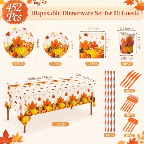 Ceenna 452 Pcs Fall Party Supplies Plates Napkins Cups Tablecloth Serves 50 - Image 3
