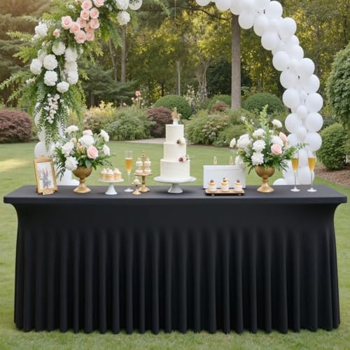 8 pk Black Spandex Tablecloth 6ft with Ruffled Skirt,Wrinkle Free High Stretch Fitted Tablecloths for 6 Foot Rectangle Tables,Pleated Elastic Spandex Table Covers 6ft for Parties Wedding Banquet - Image 4