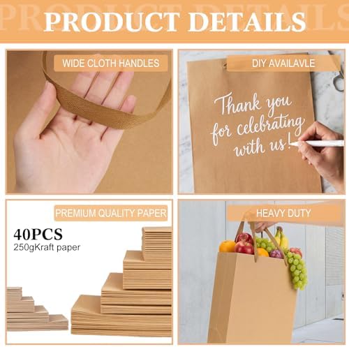 PerKoop 80 Pack Kraft Gift Bags with Handles 4 Sizes,Horizontal,Brown - Image 3