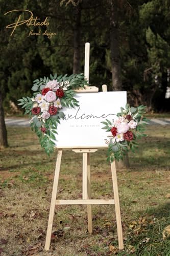 Faux Flower Swag Set of 2 for Wedding Welcome Signs Floral Swag Wedding Reception Ceremony Signs Decor (A-Burgundy Pink) - Image 3