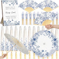 61 Pcs Blue Floral Wedding Favors Bulk with 12 Guests Paper Parasols Umbrella, 24 Folding Fans, 24 Gift Bags, and 1 Wooden Table Sign for Bridal Shower Outdoor Ceremony Tea Party Decoration by Sunnymove