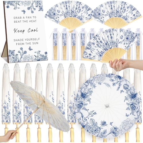 61 Pcs Blue Floral Wedding Favors Bulk with 12 Guests Paper Parasols Umbrella, 24 Folding Fans, 24 Gift Bags, and 1 Wooden Table Sign for Bridal Shower Outdoor Ceremony Tea Party Decoration by Sunnymove
