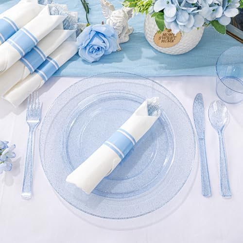 DaYammi 350PCS Blue Glitter Plastic Dinnerware Set for 50 Guests - Image 3