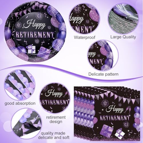 Funnymoom 452 Pcs Retirement Party Decorations Supplies Set Include Purple and Black Retirement Paper Plates Napkins Cups Tablecloth Cutlery Straws for Men Women Say Goodbye Party - Image 3