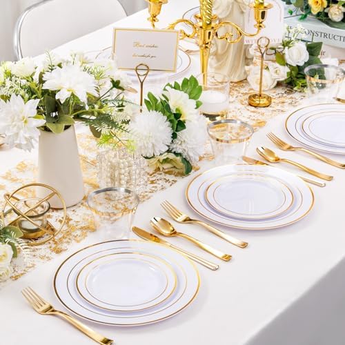 WELLIFE 300Pcs Gold Dinnerware Set for 50 Guests, Gold Rim Plastic Plates Disposable, 50 Dinner and 50 Salad Plates, 50 Cups, 50 Silverware Set for Party - Image 7
