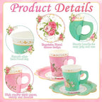 200Pcs Floral Tea Cups and Saucers for Tea Party Supplies, Disposable Tea Cups with Handle and Paper Napkins Dinnerware for Floral Theme Birthday Wedding Bridal Shower Baby Shower（Pink Green） - Image 4