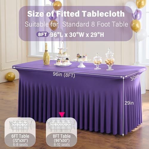 4 Pack Purple Spandex Table Clothes for 8 Foot Rectangle Tables, Wrinkle Free Fitted Table Cover 8ft Stretch Tablecloths Desk Skirt for Parties Weddings Birthday Banquet Baby Shower - Image 5