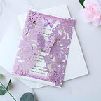 Hosmsua 50PCS Purple Butterfly Quinceanera Invitation Card Kit 5.1x7.3'' Laser Cut Flora Butterfly Invitation Pocket with Envelopes for Bridal Shower XV Anos Wedding Invitation (Purple Glitter) - Image 3