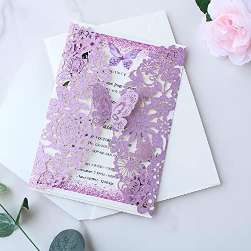 Hosmsua 50PCS Purple Butterfly Quinceanera Invitation Card Kit 5.1x7.3'' Laser Cut Flora Butterfly Invitation Pocket with Envelopes for Bridal Shower XV Anos Wedding Invitation (Purple Glitter) - Image 3