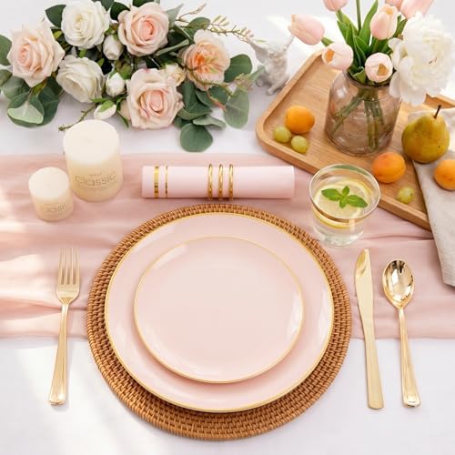 NOCCUR 350PCS Pink Plates Disposable - Pink Gold Plastic Dinnerware Set for 50 Guests Include 100 Dinner/Dessert Plates,150 Cutlery,50 Cups&50 Napkins - Ideal for Party/Wedding/Mother's Day - Image 4