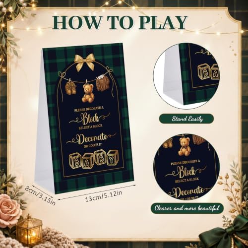 Junkin 138 Pcs Tartan Plaids Bear Baby Shower Decoration Blocks to Decorate Game Kit 72 Wooden Blocks 1 Game Sign 40 Paint Templates 1 Suitcase Storage Box 24 Markers for Baby Shower Activity Party - Image 2