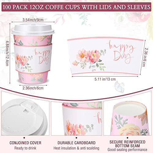 Remerry 100 Pcs 12oz Floral Disposable Coffee Cups with 100 Lids and 100 Sleeves Paper Insulated Drink Hot Coffee Paper Cups with Dome Lids and Sleeves for Parties Wedding Baby Shower(Fresh) - Image 2