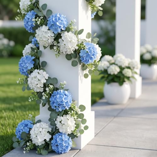 Artificial Hydrangea Flower Garland with Eucalyptus & Baby’s Breath 2PCS 6FT Floral Vines Greenery Garland for Mantel Wedding Arch Table Centerpiece Coastal Home Outdoor Decor (2, Blue & White) - Image 7