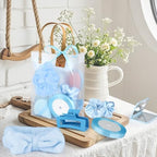 OINETRK 109pcs Baby Shower Prizes for Winners Gifts Baby Shower Favors including Headband Hair Brush Compact Mirror Bath Sponges Powder Puff Hair Tie Claw Makeup Brushes Gift Bag Bridal Shower(Blue) - Image 7