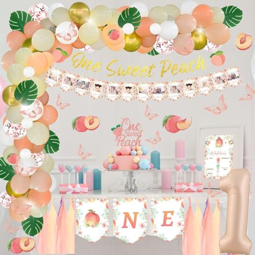 130 PCs One Sweet Peach Birthday Decorations, Fiesec Peach 1st Party Decorations Backdrop Balloon Garland Leaves Monthly Photo Highchair Banner Cake Topper Box Cutout Crown Poster Pastel Peach - Image 7