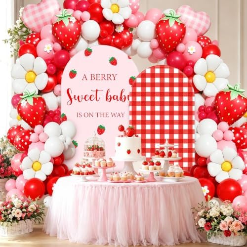 FYSUIMU 2 Pcs Strawberry Arch Backdrop Covers Pink Red Plaid Berry Stretchy Spandex Arch Stand Fabric Cover for Wedding Birthday Baby Shower Gender Reveal Party Decor (5ft/6ft) - Image 6