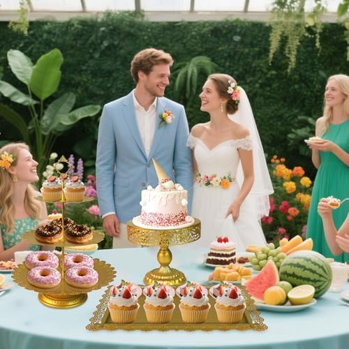 5 Pcs Gold Metal Cake Stand Sets for Birthday, Cakes and Cupcakes Stand for Wedding, Golden Dessert Table Display Set for Party, Desserts Stand with Gold Trays for Candy Bar Baby Shower - Image 3