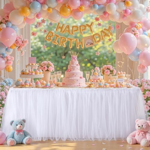 21FT Long White Tulle Table Skirt for Rectangle Round Tables 3-Layer Ruffle Desk Teacher Skirt for Back to School Supplies Princess Girls Birthday Party Cake Dessert Classroom Dorm Decor - Image 2