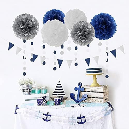 Navy Blue White Silver Party Decorations Kits 27pcs-Paper Flowers,Banner Flags,Tassel Garland Birthday Bachelorette Boy Baby Shower Gender Reveal Graduation 2022 Decorations Lasting Surprise - Image 2