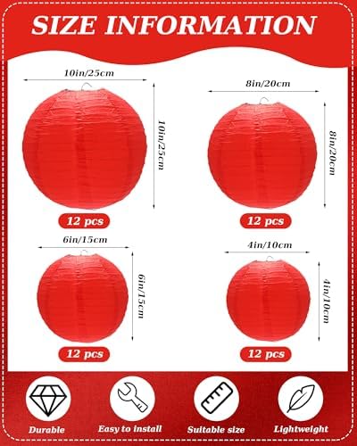 Treela 48 Pcs Paper Lanterns Party Decorations Round, Red - Image 4