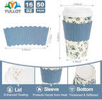 50 Pack 16oz Vintage Blue Floral Disposable Coffee Cups with Lids & Sleeves – Premium Paper for Mother's Day, Wedding, Birthday, Brunch, Cafés,Party Supplies - Image 2