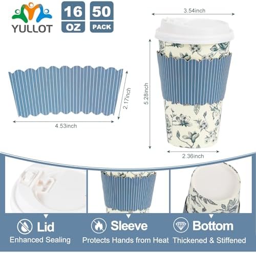 50 Pack 16oz Vintage Blue Floral Disposable Coffee Cups with Lids & Sleeves – Premium Paper for Mother's Day, Wedding, Birthday, Brunch, Cafés,Party Supplies - Image 2
